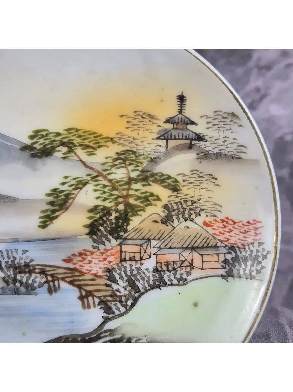 Vintage Demitasse Tea Cup Saucer Hand Painted Occupied Japan Mountain Village